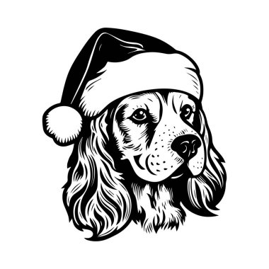 Tüylü kulaklı, neşeli Noel şapkası takan sevimli bir köpek. Tatil temalı tasarımlar ve dekorasyonlar için mükemmel.