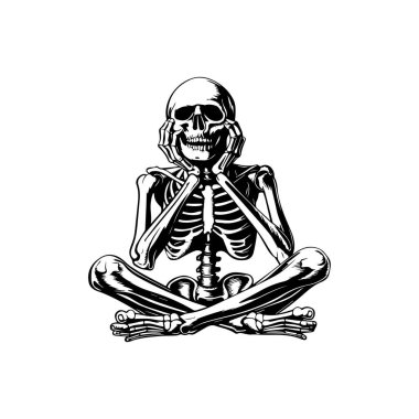 Oturan İskelet 'in Yüzünde Elleri Yüzünde Düşünceli Poz' un Siyah ve Beyaz Çizimi
