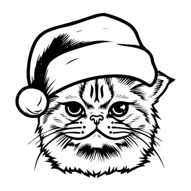 Noel Baba Şapkalı Oyuncak Kedi Siyah ve Beyaz Çizgi Sanat Tarzında Mevsimsel Kutlamalar