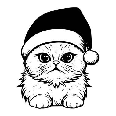 Noel Baba Şapkası Giyen Sevimli Kedi Tatil ve Evcil Hayvan Tutkuları İçin Siyah-Beyaz Sanat Tarzı