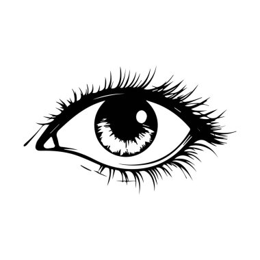 Detaylı kirpikleri olan soyut siyah ve beyaz göz çizimi ve sanatsal tasarım için parlak iris