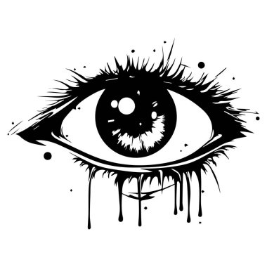Boya damlaları ve yaratıcı tasarım için soyut sıçrama elementleri olan bir gözün sanatsal siyah ve beyaz çizimi