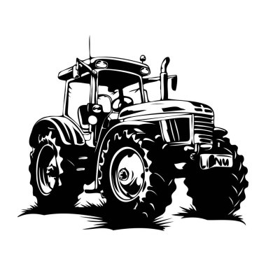 Büyük Lastikleri ve Güçlü İnşa Edilmiş Klasik Tarım Traktörünün Siyah ve Beyaz Çizimi