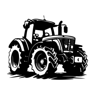 Tarımsal Temalar İçin Ayrıntılı Lastik ve Kulübe Özellikleriyle Siyah ve Beyaz Traktör İllüstrasyonu