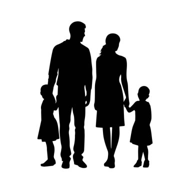 Neşeli bir açık hava ortamında iki çocukla el ele tutuşan bir ailenin silueti.