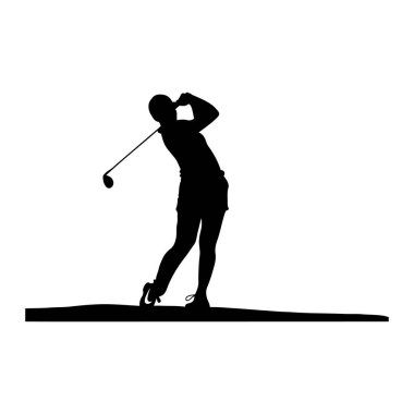 Golf sahasında sallanan güzel bir Skyline Arkaplanı olan bir kadın golfçünün silueti