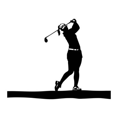 Golf sahasında topa vuran golfçünün silueti. Arkaplanda güzel bir Horizon ile.