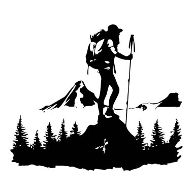 Dağlar ve ağaçlarla çevrili bir siluet tasarımı ile bir kaya tepesinde duran maceraperest bir yürüyüşçü.