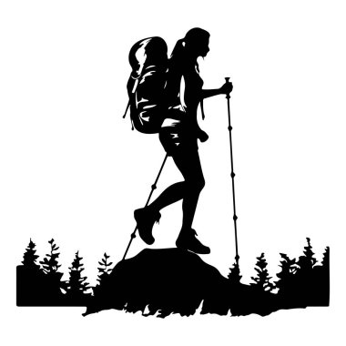 Bir yürüyüşçünün silueti Ağaçlar ve Doğa ile çevrili Trekking Poles ile bir dağa tırmanıyor.