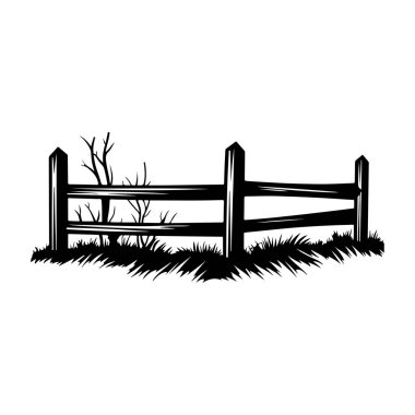 Yaban otları ve çıplak ağaçlarla kaplı kırsal ahşap bir çit, doğa temalı tasarımlar ve çizimler için mükemmel.