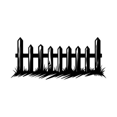 Çimenlerle çevrili Tahta Çit 'in Minimalist Tarzı Siyah ve Beyaz Çizimi