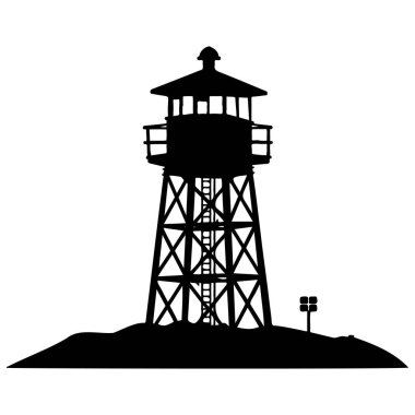 Dusk 'taki Sahil Gözetleme Kulesi' nin silueti. Tepenin tepesinde merdiven ve projektörler var.