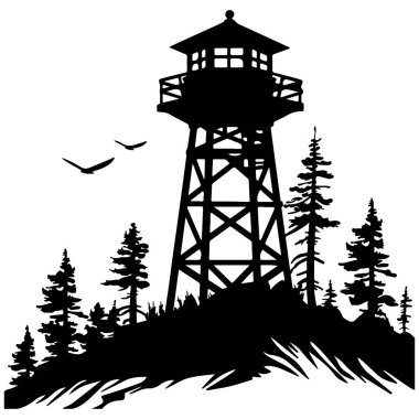 Çamlar ve Kuşlarla çevrili Bir Gözetleme Kulesinin Klasik Silueti