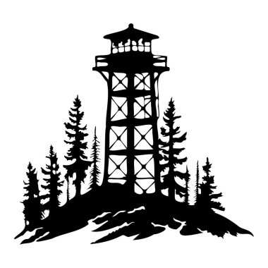 Deniz feneri kulesinin silueti Rocky Hill 'e karşı uzun çam ağaçlarıyla çevrili