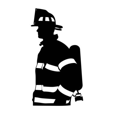 Kararlı İtfaiyeci Silueti Üniforması içinde İtfaiye Ekipmanı ve Miğferiyle Harekete Hazır