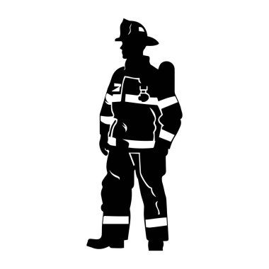 İtfaiyeci Silueti Üniformalı Kask ve Ateş Dişlileriyle gururla duruyor