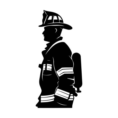 Üniformalı bir itfaiyecinin silueti. Başlığı ve ekipmanı acil durumlarda harekete geçmeye hazır.