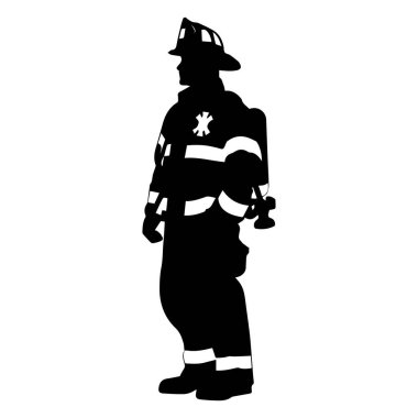 Üniformalı Cesur İtfaiyecinin Silueti İtfaiyeci Gear ve Beyazlara Karşı Kaskla Gurur Duyuyor