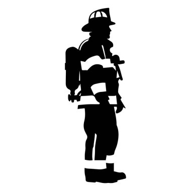Üniformalı bir itfaiyecinin silueti. Kasklı ve teçhizatlı. Acil müdahale ve müdahale için hazır.