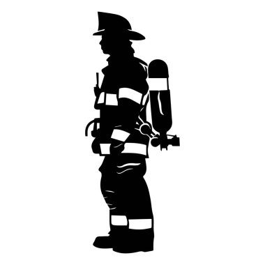 Üniformalı bir itfaiyecinin silueti acil durum müdahaleleri sırasında harekete geçmeye hazır ekipmanları taşıyor.