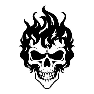 Ateşli alevleri olan bir kafatasının ayrıntılı çizimi, keskin tasarımlar ve dövme ilhamları için mükemmel.