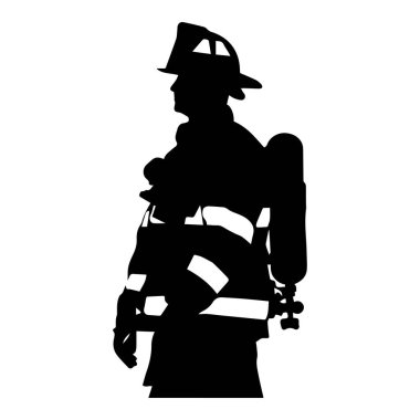 Koruyucu kıyafetli bir itfaiyecinin silueti alevlerin ve dumanların arkasında güvenle duruyor.