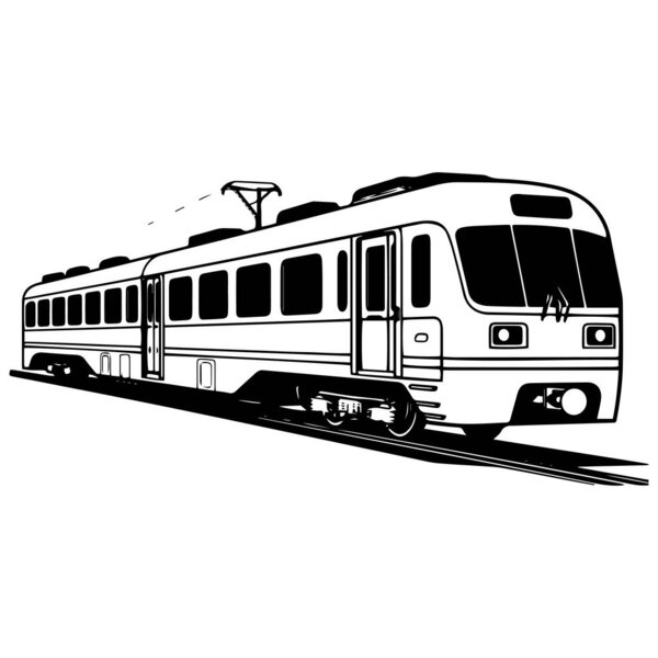 Черно-белая иллюстрация поезда с детальным дизайном и реалистичными функциями для графического использования