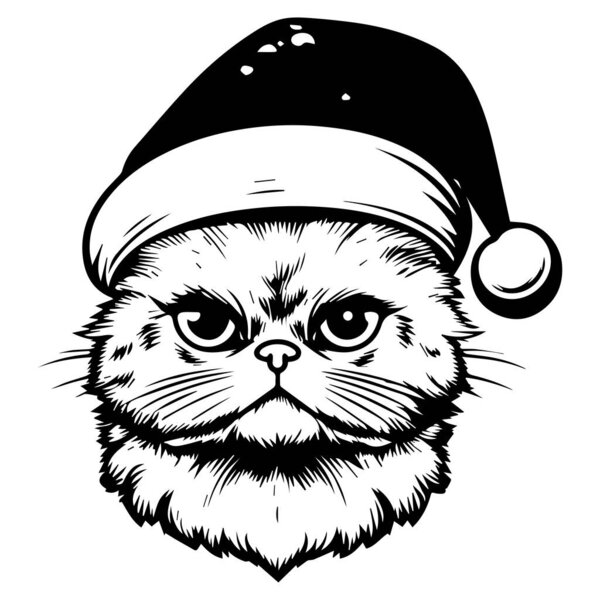Illustration of a Cute Cat Wearing a Santa Hat with a Grumpy Expression in Black and White Style
