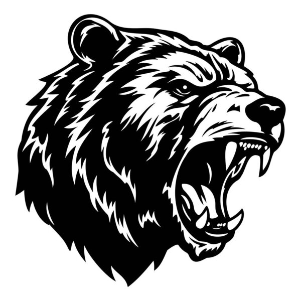 Roaring Bear Head Illustration for Wildlife Themes and Nature Inspired Designs in Black and White