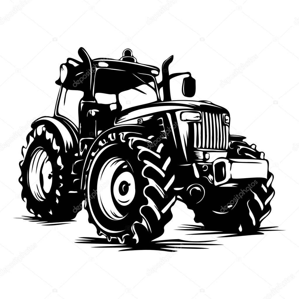 Detailed Black and White Illustration of a Powerful Tractor with Bold Tires for Agricultural Use