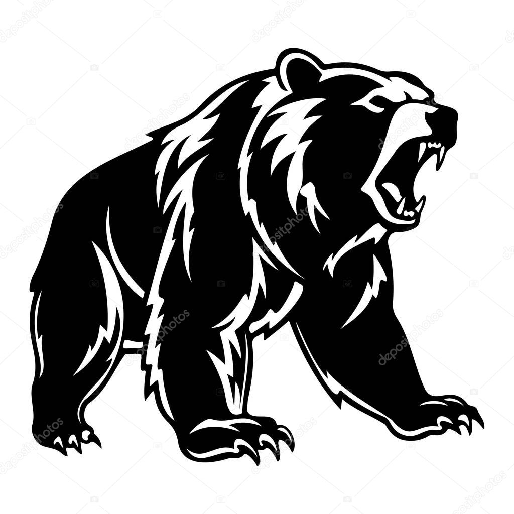 Detailed Artistic Illustration of a Roaring Bear in a Bold Black and White Style Suitable for Various Designs