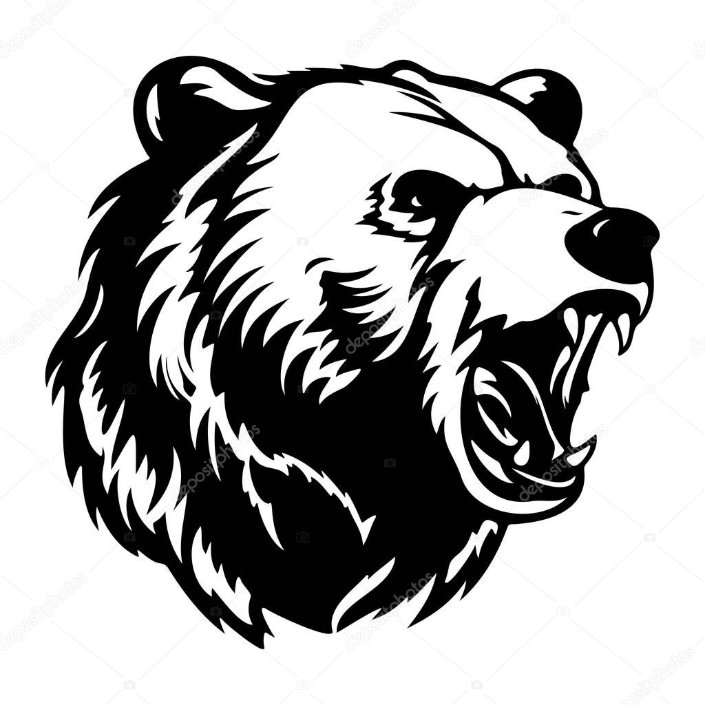 Powerful Black Bear Head Illustration with Open Mouth and Deep Expression for Wildlife and Nature Themes