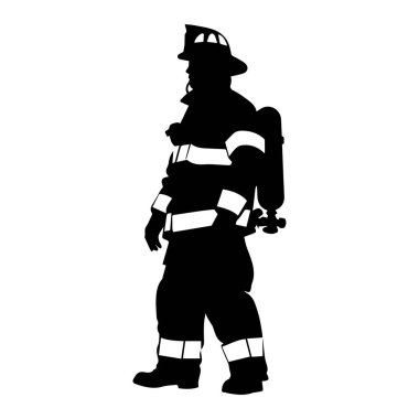 Üniformalı bir itfaiyecinin silueti Gear ve Miğfer Acil Müdahale ve İtfaiye Operasyonları için hazır