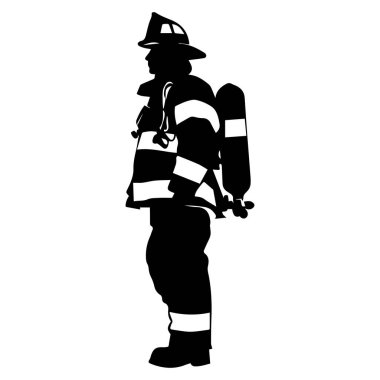 Üniformalı bir itfaiyecinin silüeti, miğferi ve nefes alma cihazı profil üzerinde duruyor.