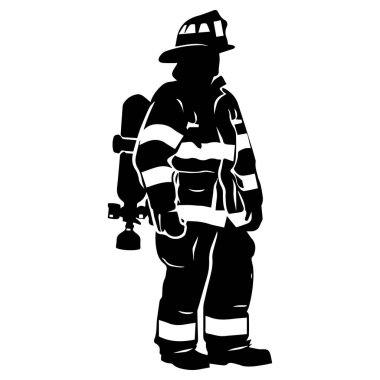 Koruyucu teçhizatta bir itfaiyecinin silueti ve harekete hazır bir fener.