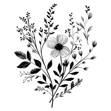 Çeşitli Yapraklar ve Çiçekler Artistik İlham ve Dekorasyon İçin Zarif Siyah ve Beyaz Çiçek Tasarımı