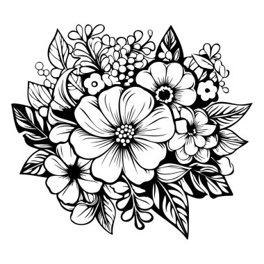 Siyah ve Beyaz Çizgi Sanat Tasarımı 'nda Çeşitli Çiçekler ve Yapraklarla Zarif Çiçek Düzenlemesi