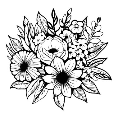 Çeşitli Çiçek ve Yaprakların Siyah ve Beyaz Resimlerini Özetleyen Zarif Çiçek Tasarımı