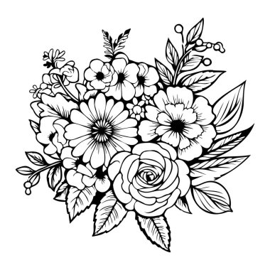 Çeşitli Çiçekler ve Sanatsal Kullanım İçin Yeşillik Elementleri içeren Karmaşık Siyah ve Beyaz Çiçek Tasarımı