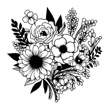 Çeşitli Çiçekler ve Sanatsal Kullanım ve Tasarım Projeleri Yapraklarıyla Ayrıntılı Siyah ve Beyaz Çiçek Düzenlemesi