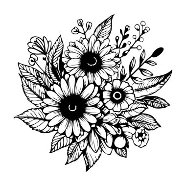 Ayçiçekli zarif el çizimi çiçek buketi ve Sanat ve Tasarım Projeleri İçin Mükemmel Yapraklar