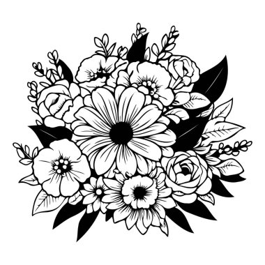 Çeşitli Çiçekler ve Yaratıcı Projeler İçin Yapraklarla Zarif El Çizimi Çiçek Düzenlemesi