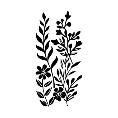 Minimalist Biçimli Tasarım ve Sanatsal Arkaplan İçin Çeşitli Çiçek Elementlerinin Siyah Silueti