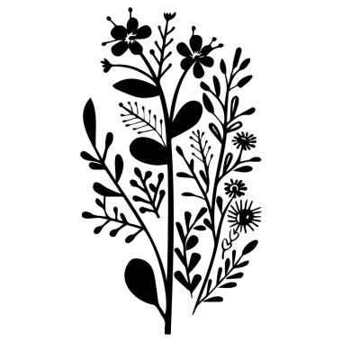Çeşitli Çiçekler ve Yaratıcı Projeler ve Sanatlar İçin Yapraklar içeren Botanik Tasarımın Zarif Silueti