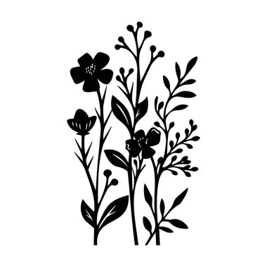 Çeşitli Çiçek Bitkilerinin Siyah Silüeti ve Tasarım Kullanımı İçin Yapraklar