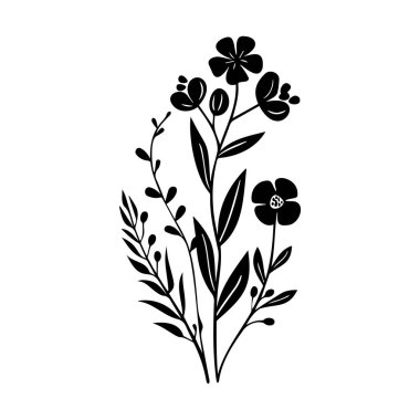 Çeşitli Şekiller ve Yapraklarla Çiçek Tasarımının Zarif Siyah Silueti, Sanatsal Dekor ve Çizimler İçin İdeal