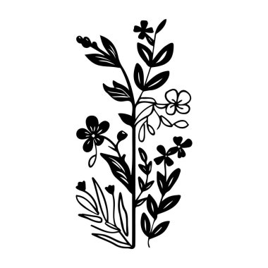 Çeşitli Çiçekler ve Sanatsal Dekorasyon Yapraklarıyla Çiçek Tasarımının Zarif Siyah Silueti