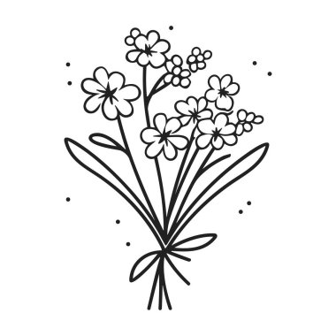 Yaprakları ve ince detayları olan bir buket basit çiçeğin el çizimi çizimi.