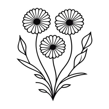 Yaprakları ve Zarif Ayrıntıları Minimalist Biçimli Üç Çiçeğin Siyah ve Beyaz Çiçek İllüstrasyonu