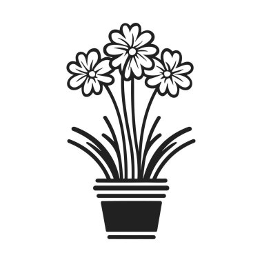 Hassas Taç ve Yaprakları Minimalist Biçimli Saksı Çiçeklerinin Basit Siyah ve Beyaz Çizimi